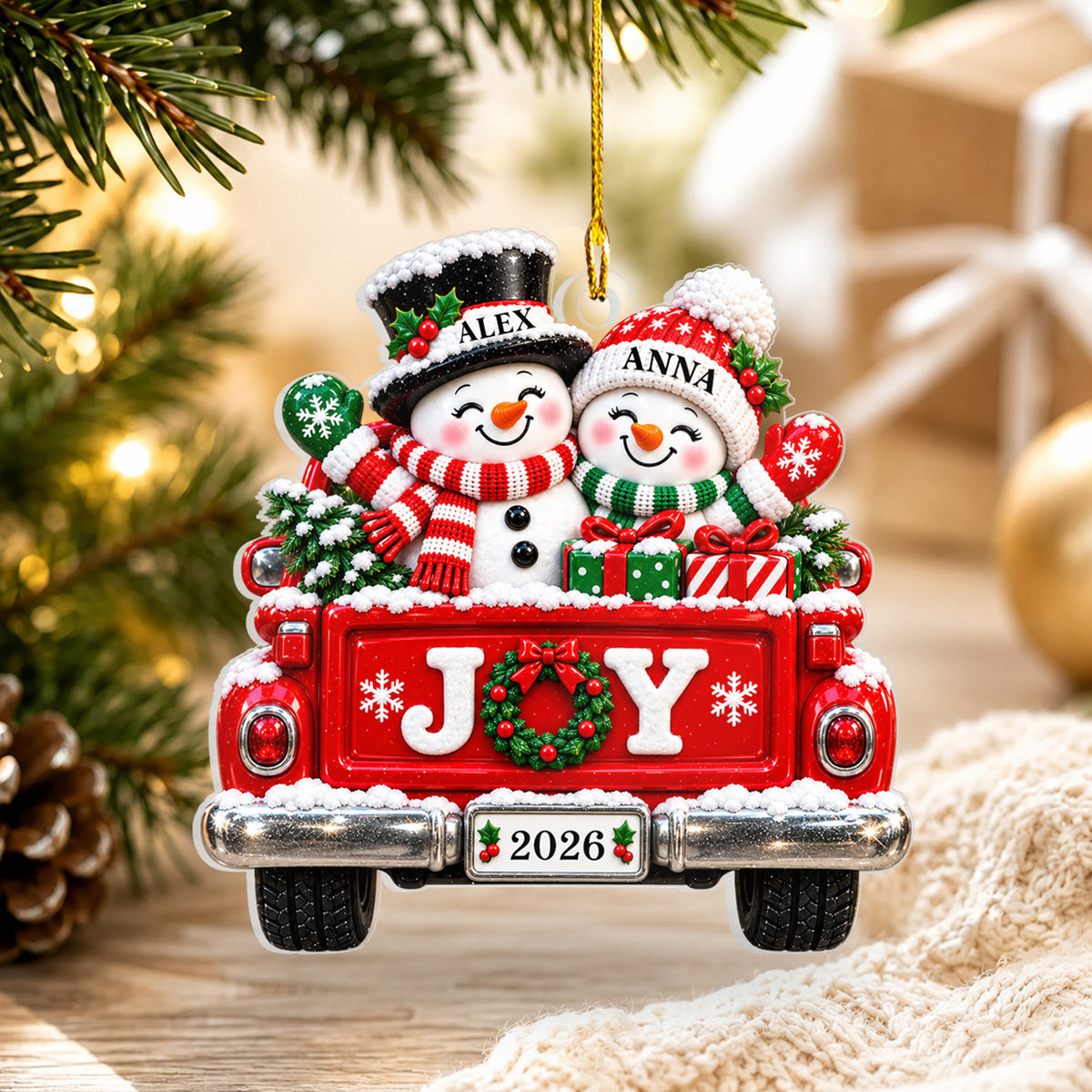 Faux 3D Winter Vehicle Snowman Couple - Personalized Acrylic Ornament, Christmas Gift for Couple