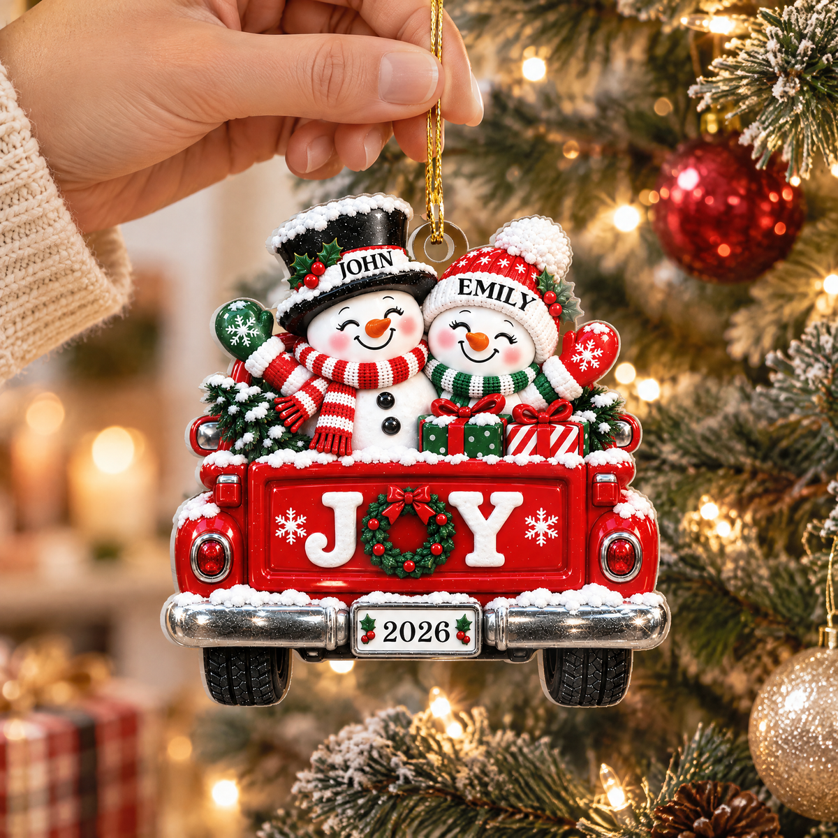 Faux 3D Winter Vehicle Snowman Couple - Personalized Acrylic Ornament, Christmas Gift for Couple