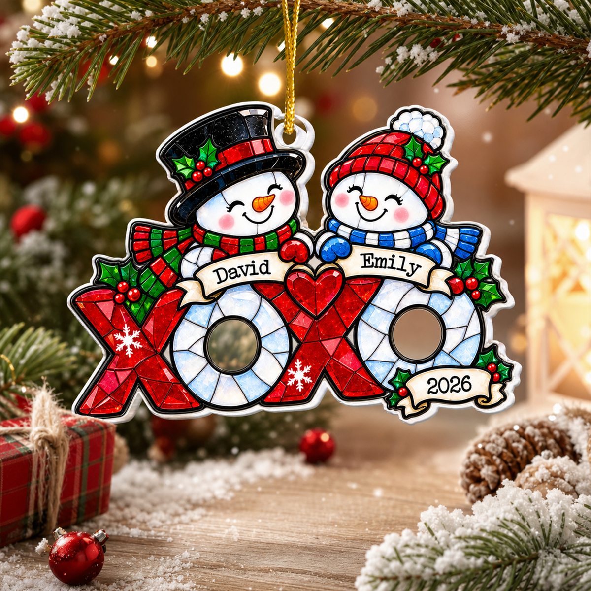 Snowman Couple- Personalized Acrylic Ornament, Stained Glass Style Ornament, Couple Gift, First Christmas Together Keepsake