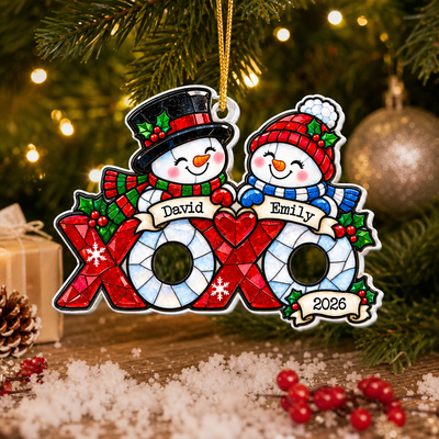 Snowman Couple- Personalized Acrylic Ornament, Stained Glass Style Ornament, Couple Gift, First Christmas Together Keepsake