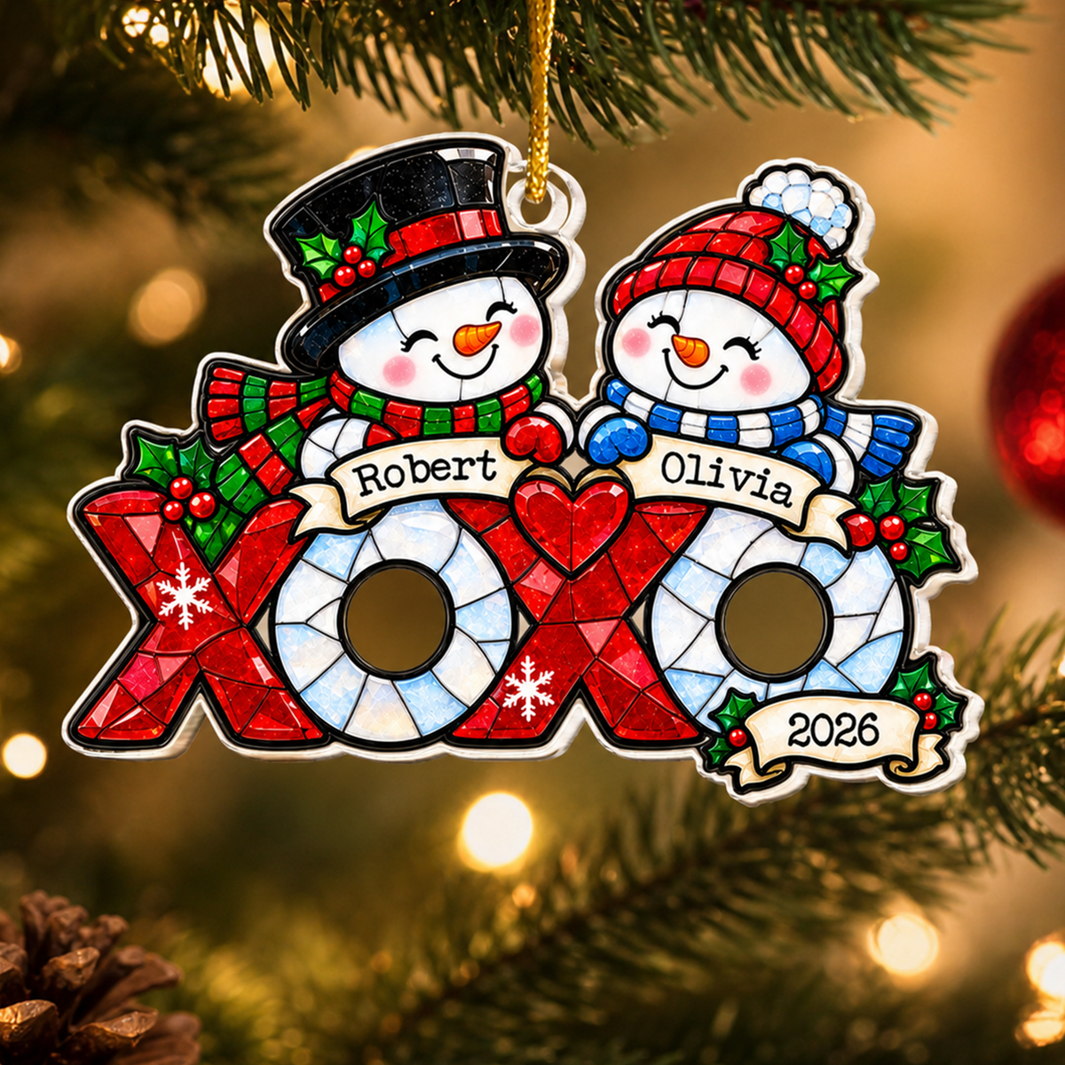 Snowman Couple- Personalized Acrylic Ornament, Stained Glass Style Ornament, Couple Gift, First Christmas Together Keepsake