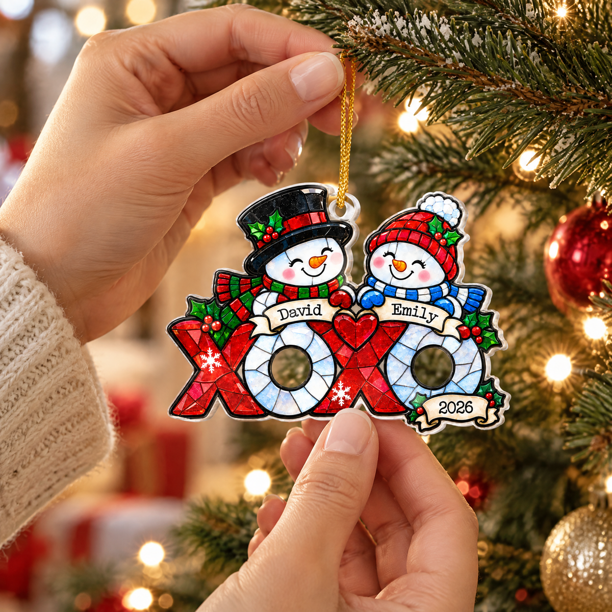 Snowman Couple- Personalized Acrylic Ornament, Stained Glass Style Ornament, Couple Gift, First Christmas Together Keepsake