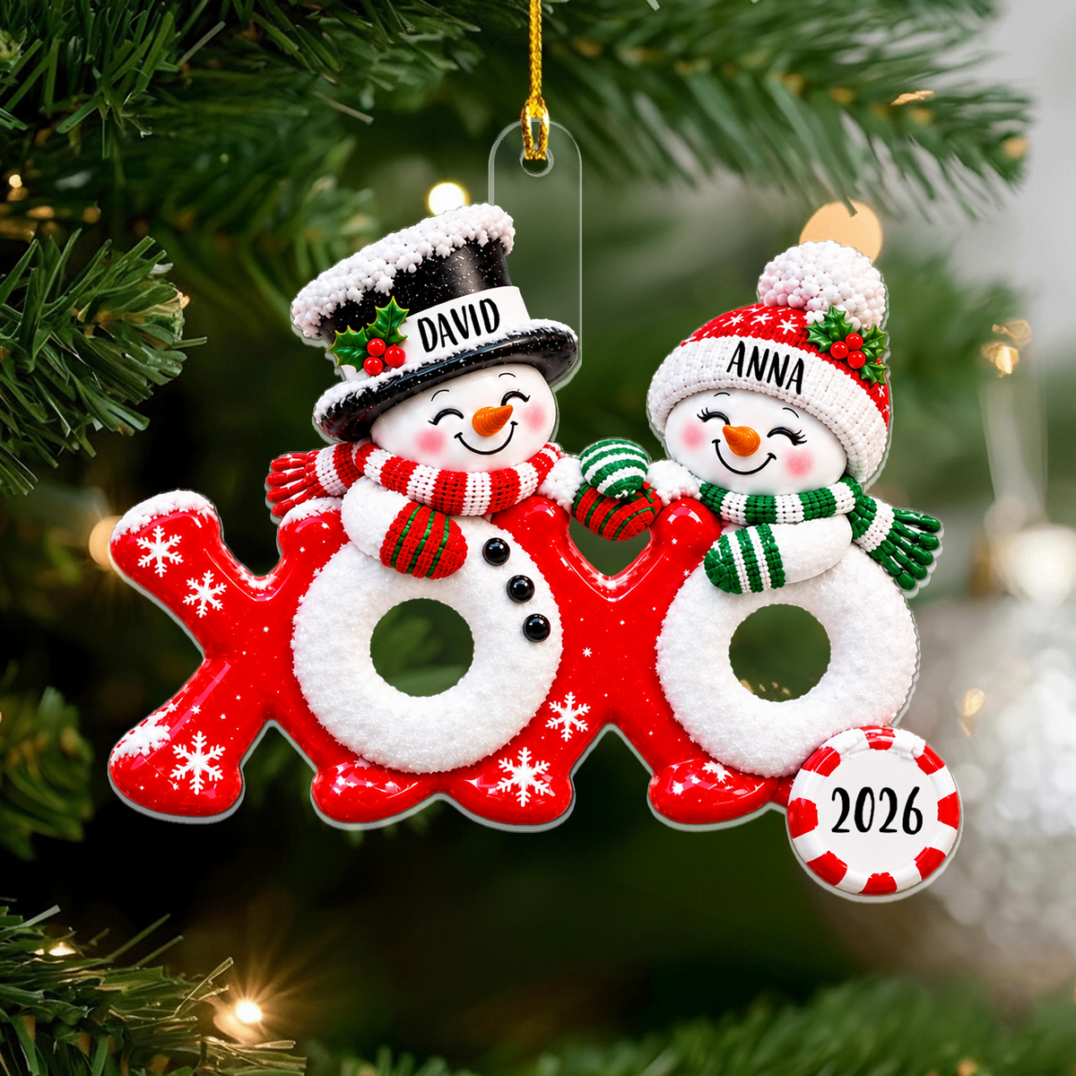 Faux 3D Snowman Couple XOXO - Personalized Acrylic Ornament, Christmas Gift For Couple