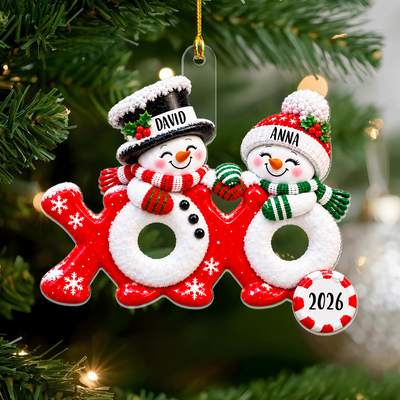 Faux 3D Snowman Couple XOXO - Personalized Acrylic Ornament, Christmas Gift For Couple