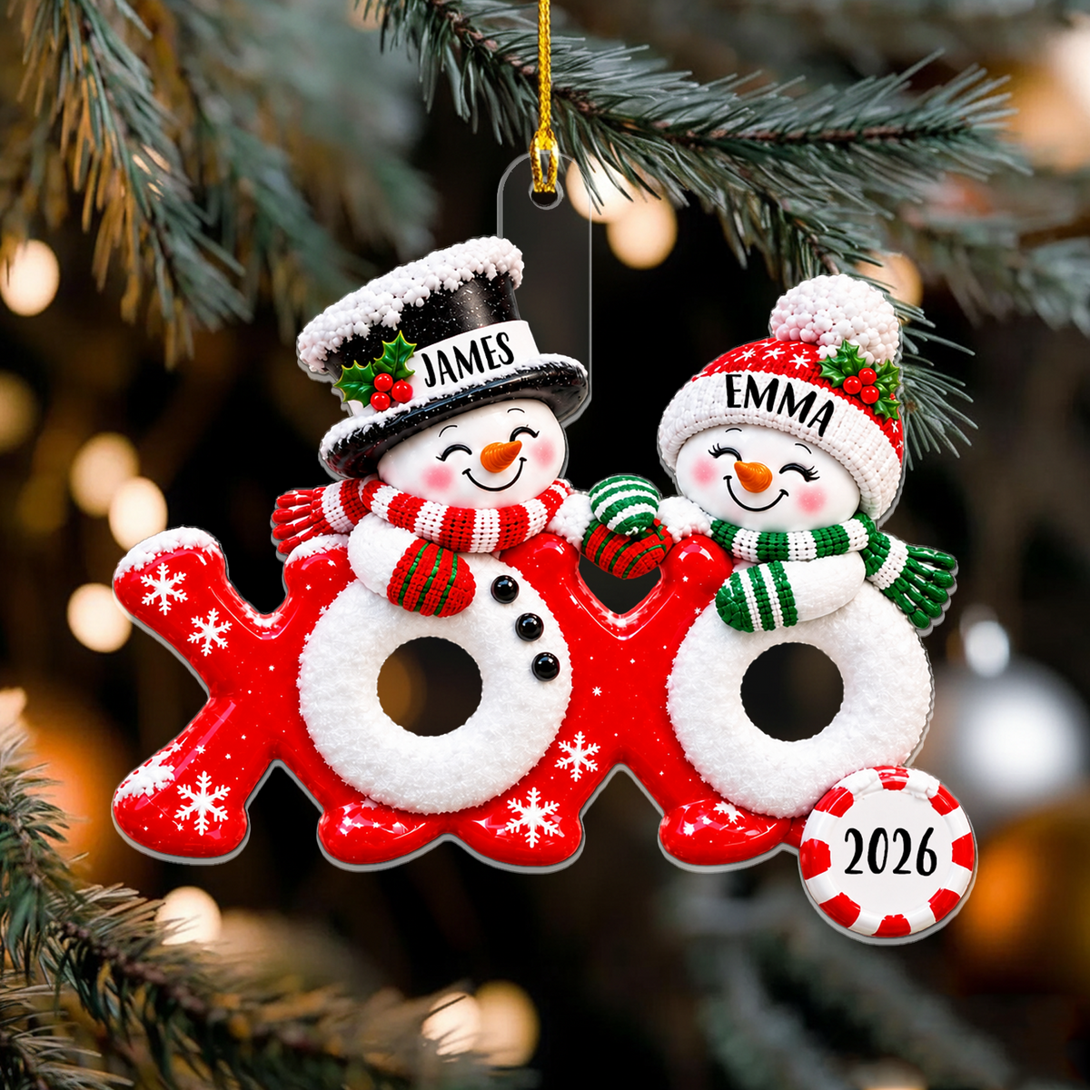 Faux 3D Snowman Couple XOXO - Personalized Acrylic Ornament, Christmas Gift For Couple