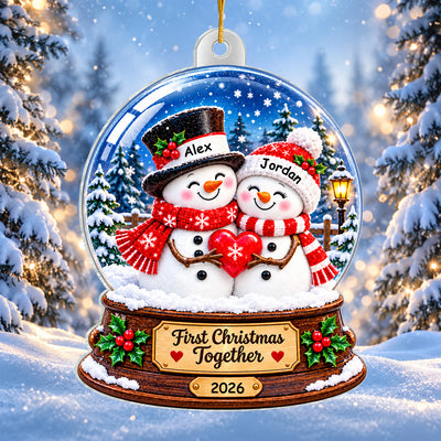 Snowman Couple At Christmas - Personalized Ornament, Custom Couple Snow Globe Ornament, Gift for Couple
