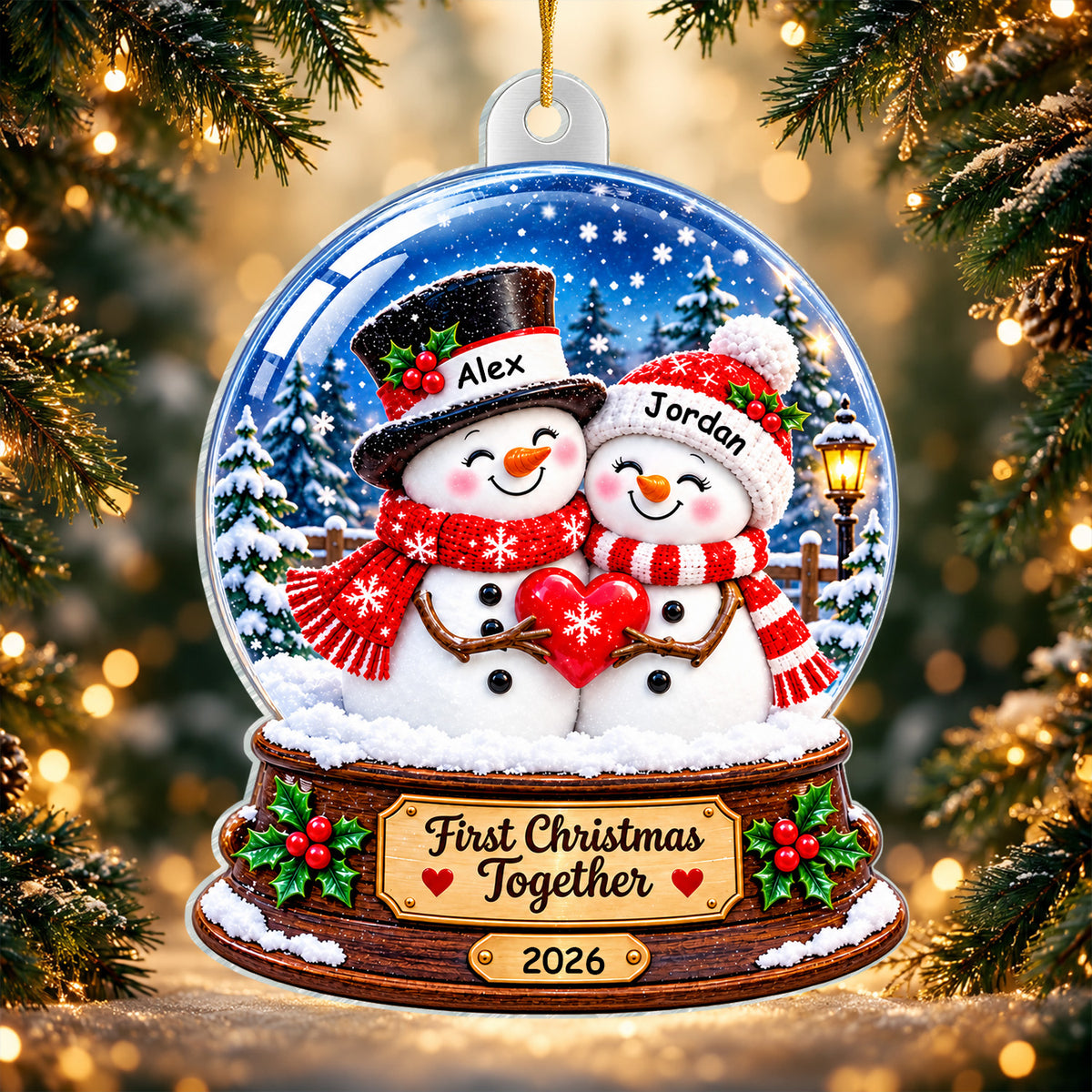 Snowman Couple At Christmas - Personalized Ornament, Custom Couple Snow Globe Ornament, Gift for Couple