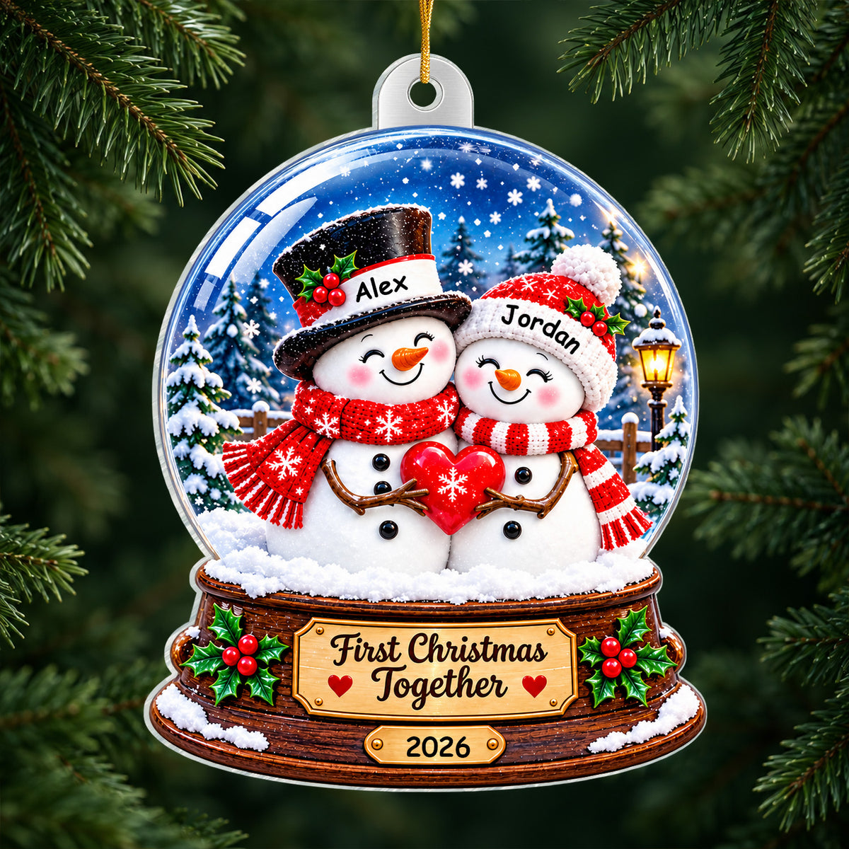 Snowman Couple At Christmas - Personalized Ornament, Custom Couple Snow Globe Ornament, Gift for Couple