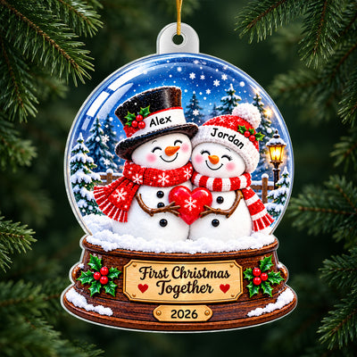 Snowman Couple At Christmas - Personalized Ornament, Custom Couple Snow Globe Ornament, Gift for Couple