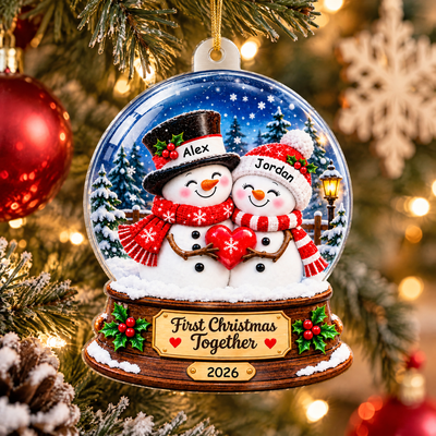 Snowman Couple At Christmas - Personalized Ornament, Custom Couple Snow Globe Ornament, Gift for Couple