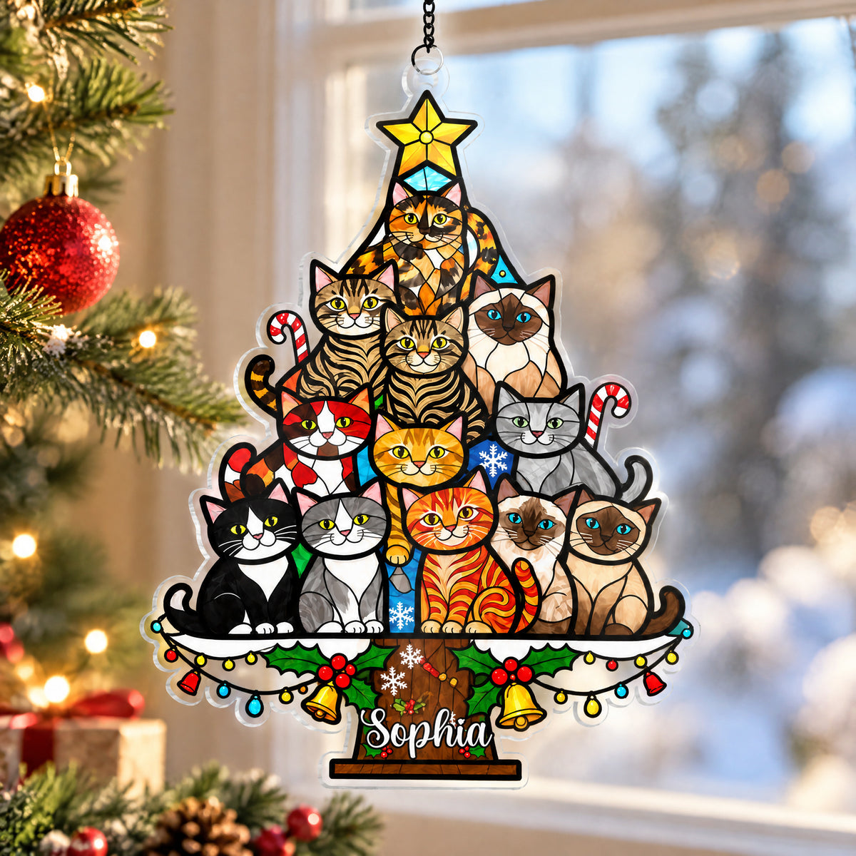 Cat Christmas Tree - Acrylic Suncatcher, Christmas Tree Made of Cats, Christmas Home Decor Cat Art, Gift for Cat Lovers