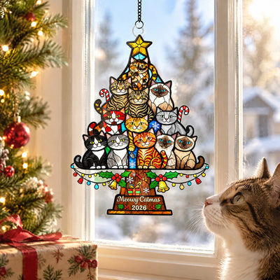 Meowy Catmas - Personalized Acrylic Suncatcher, Gift For Cat Lovers, Christmas Gift