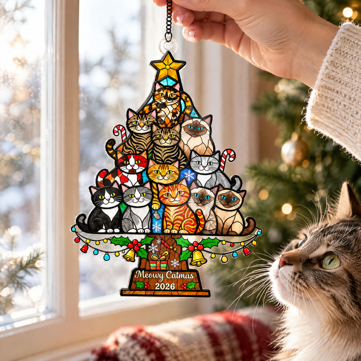 Meowy Catmas - Personalized Acrylic Suncatcher, Gift For Cat Lovers, Christmas Gift