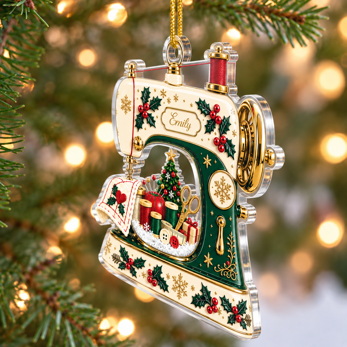 Sewing Machine Christmas- Personalized Acrylic Ornament,   Custom Name Seamstress Gift for Knitting Lover