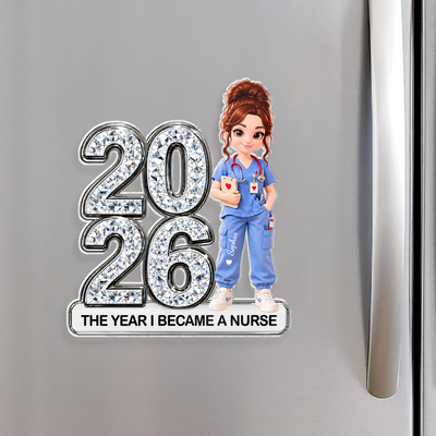 Personalized Acrylic Fridge Magnet Nurse showing a nurse with a hair bun in blue scrubs on a steel fridge door