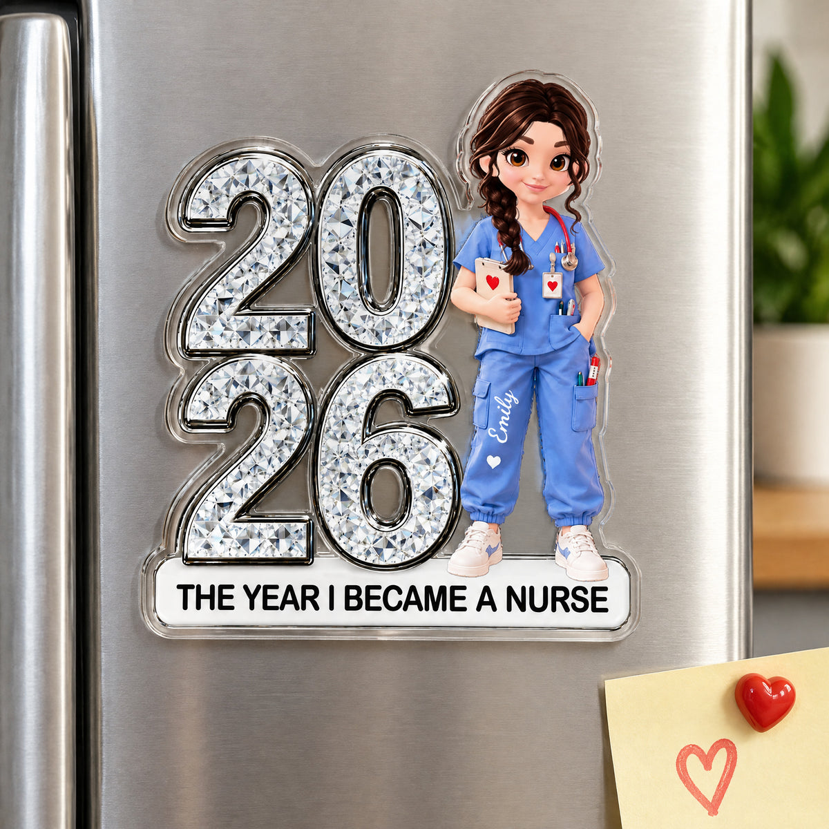 Personalized Acrylic Fridge Magnet Nurse on a steel fridge near a heart magnet and sticky note, kitchen plant behind