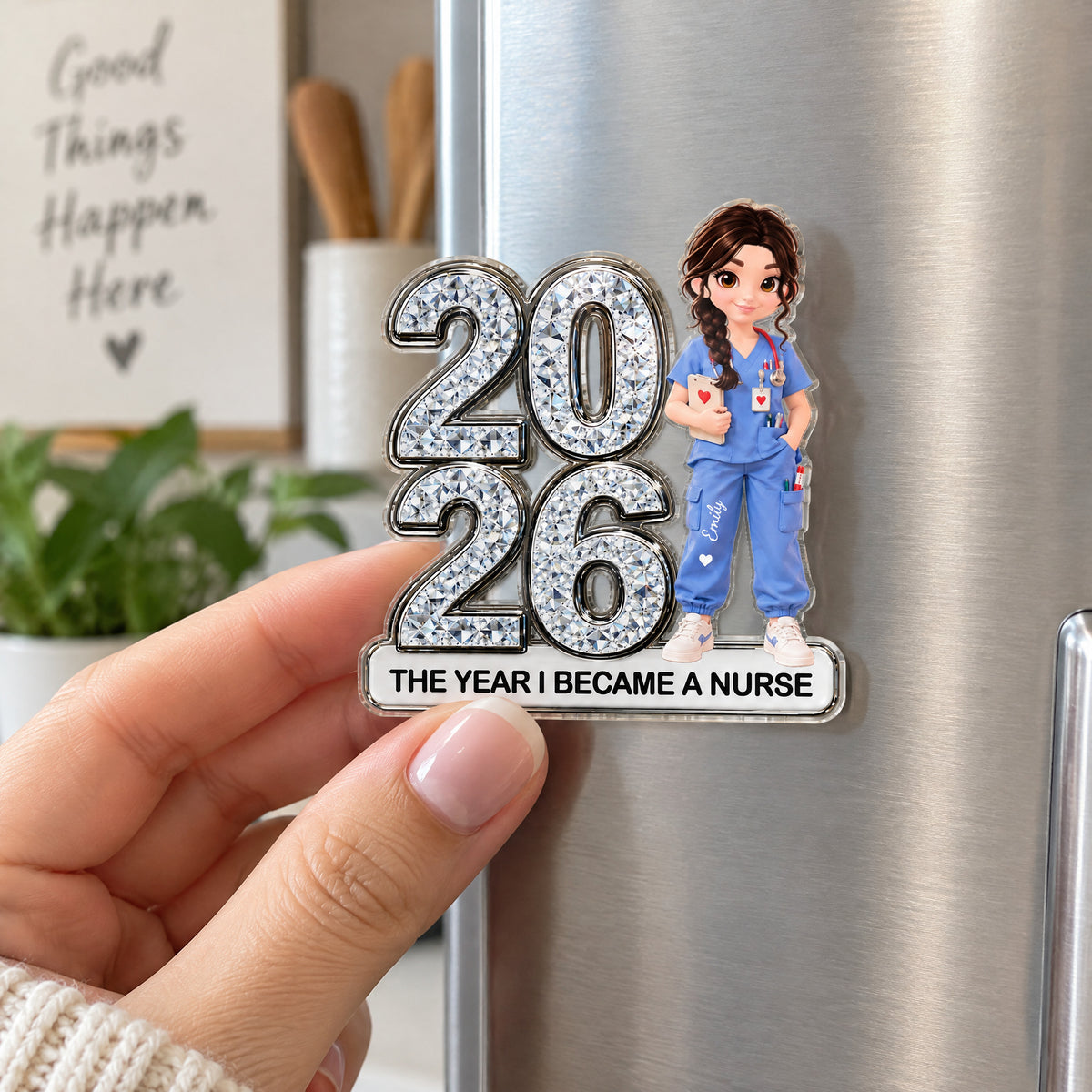 Personalized Acrylic Fridge Magnet Nurse held in a hand against a steel fridge, with a kitchen shelf in the background