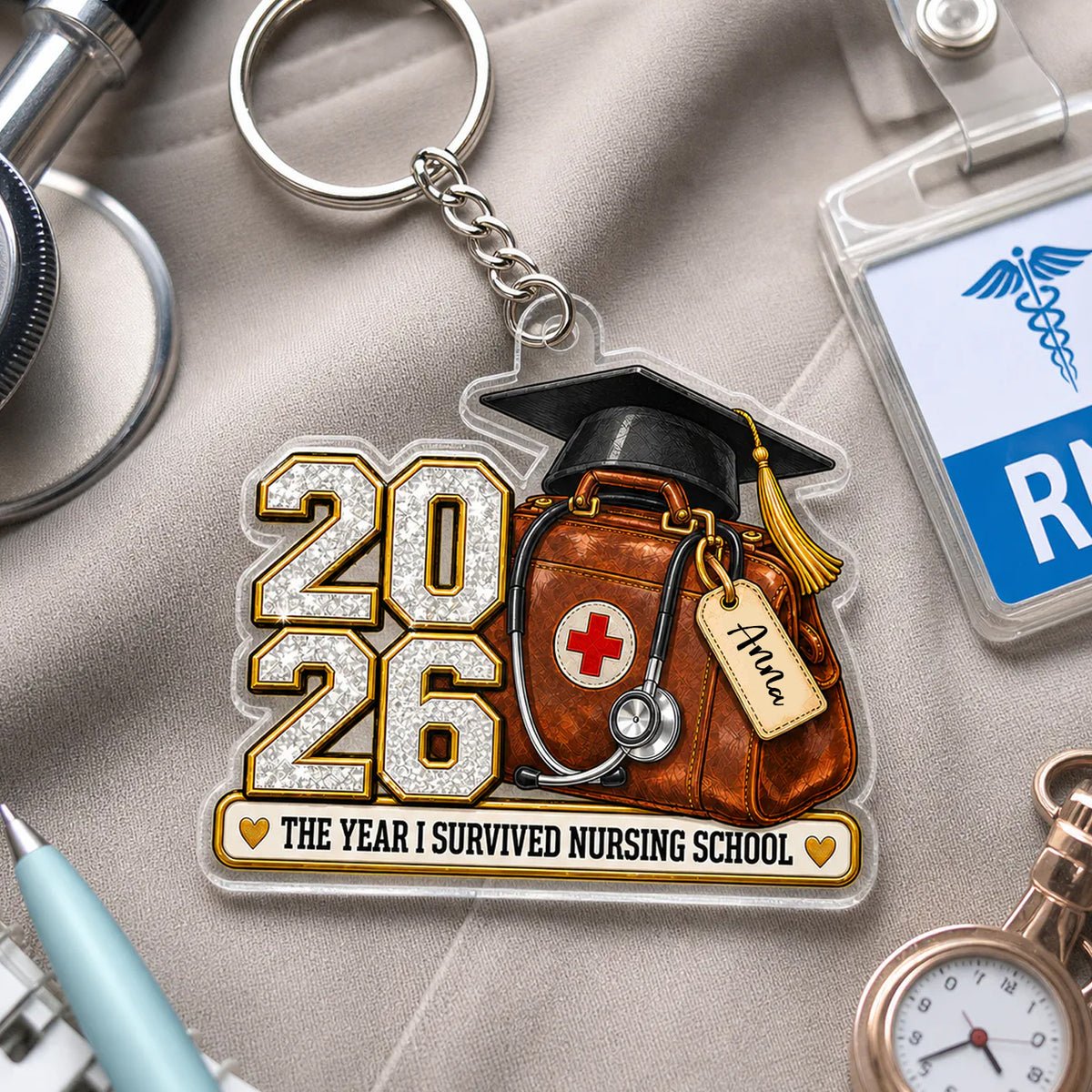 Medical Bag and Graduation Cap - The Year I Survived Nursing School - Custom Acrylic Keychain