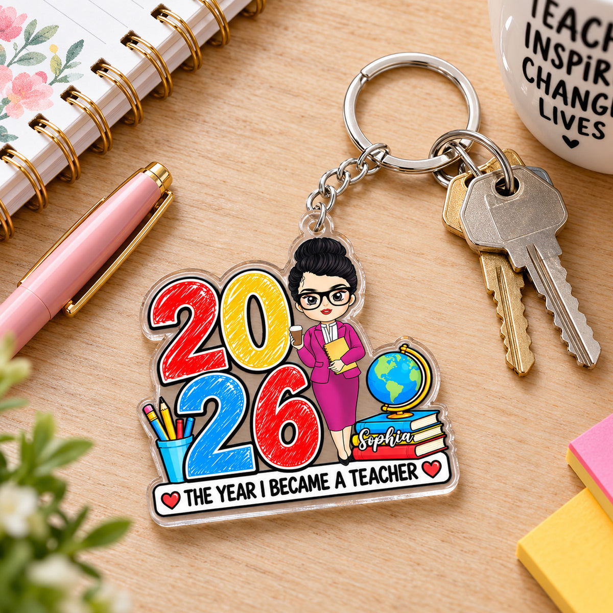 The Year I Became A Teacher - Personalized Acrylic Keychain, Custom Character Keychain, Teacher Gift