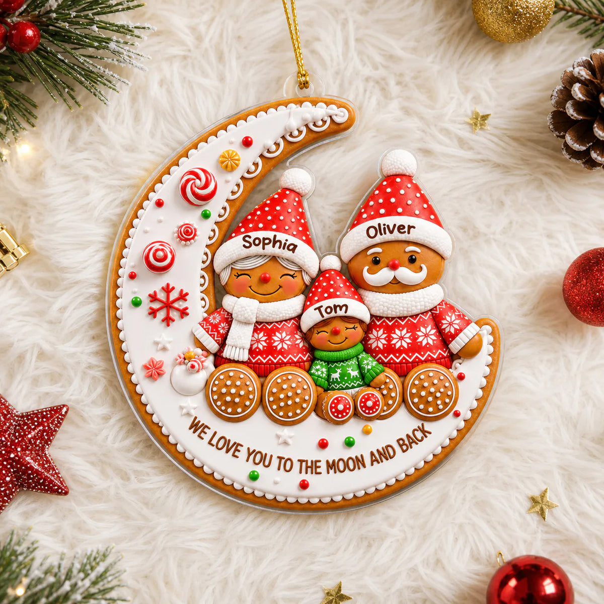 Gingerbread Family Moon Personalize Acrylic Ornament on white fluffy fur with pinecone and red baubles