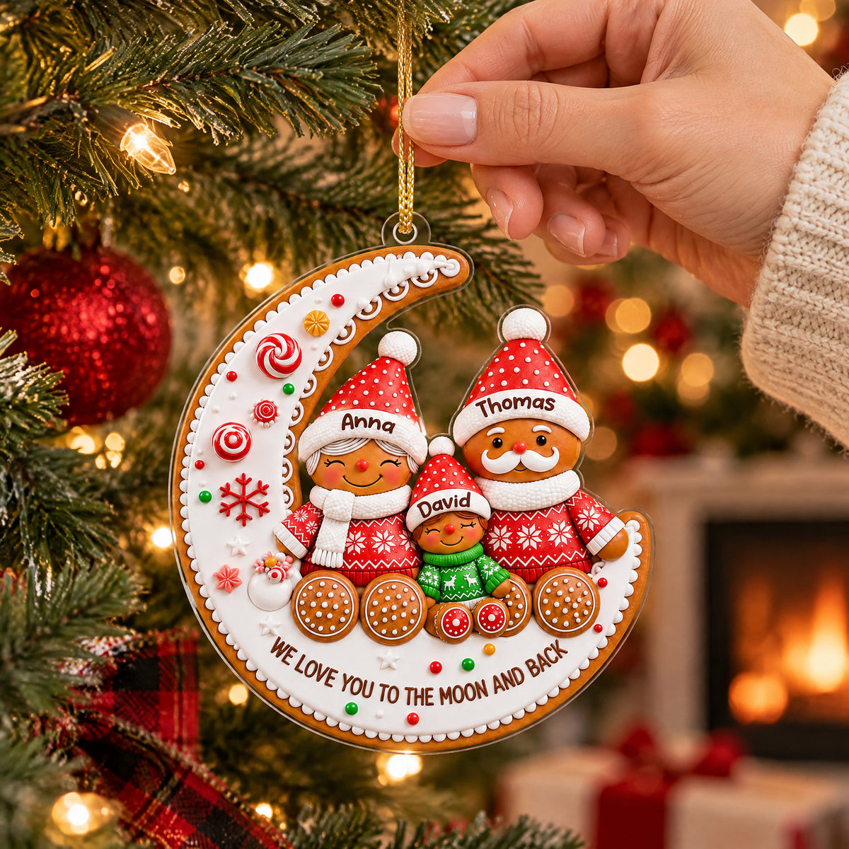 Gingerbread Family Moon Personalize Acrylic Ornament held by hand beside a tree, fireplace and gifts