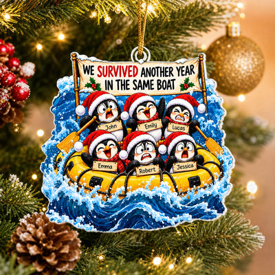 We Survived Another Year In The Same Boat - Personalized Acrylic Ornament, Penguin Life Raft Coworker Christmas