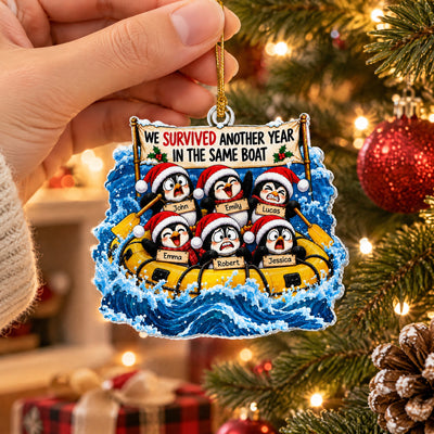We Survived Another Year In The Same Boat - Personalized Acrylic Ornament, Penguin Life Raft Coworker Christmas