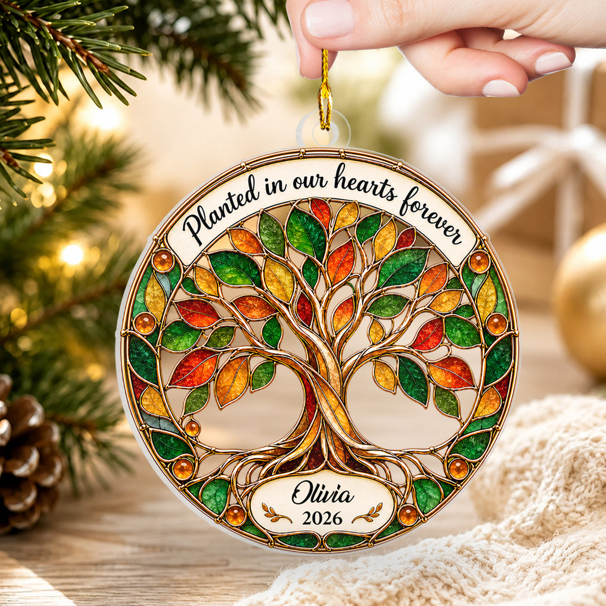 Personalized Tree of Life Memorial Acrylic Ornament, Planted in Our Hearts Forever, Custom Name and Year Stained Glass Christmas Keepsake, Sympathy Gift for Loss of Loved One