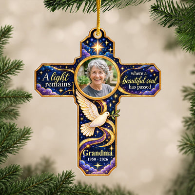 A Light Remains Where A Beautiful Soul Has Passed - Personalized Acrylic Ornament, Heavenly Light Sympathy Cross Ornament For Loved One
