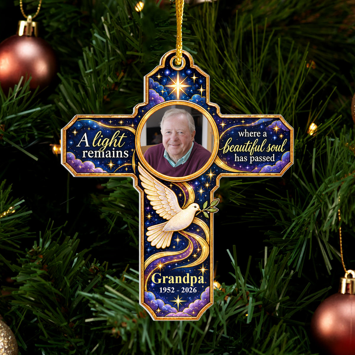 A Light Remains Where A Beautiful Soul Has Passed - Personalized Acrylic Ornament, Heavenly Light Sympathy Cross Ornament For Loved One