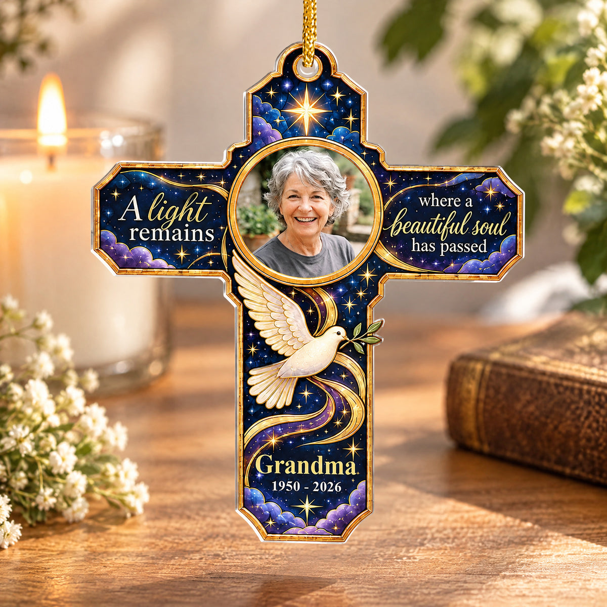 A Light Remains Where A Beautiful Soul Has Passed - Personalized Acrylic Ornament, Heavenly Light Sympathy Cross Ornament For Loved One