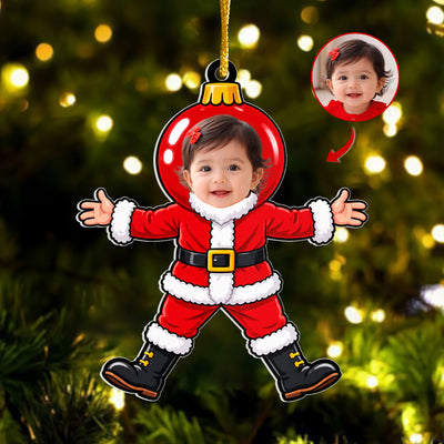 Personalized Acrylic Christmas Photo Ornament with baby face in red Santa suit, arms out, small photo inset at top right