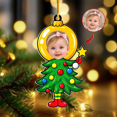 Personalized Acrylic Christmas Photo Ornament with baby face in yellow bauble and Christmas tree outfit holding a star