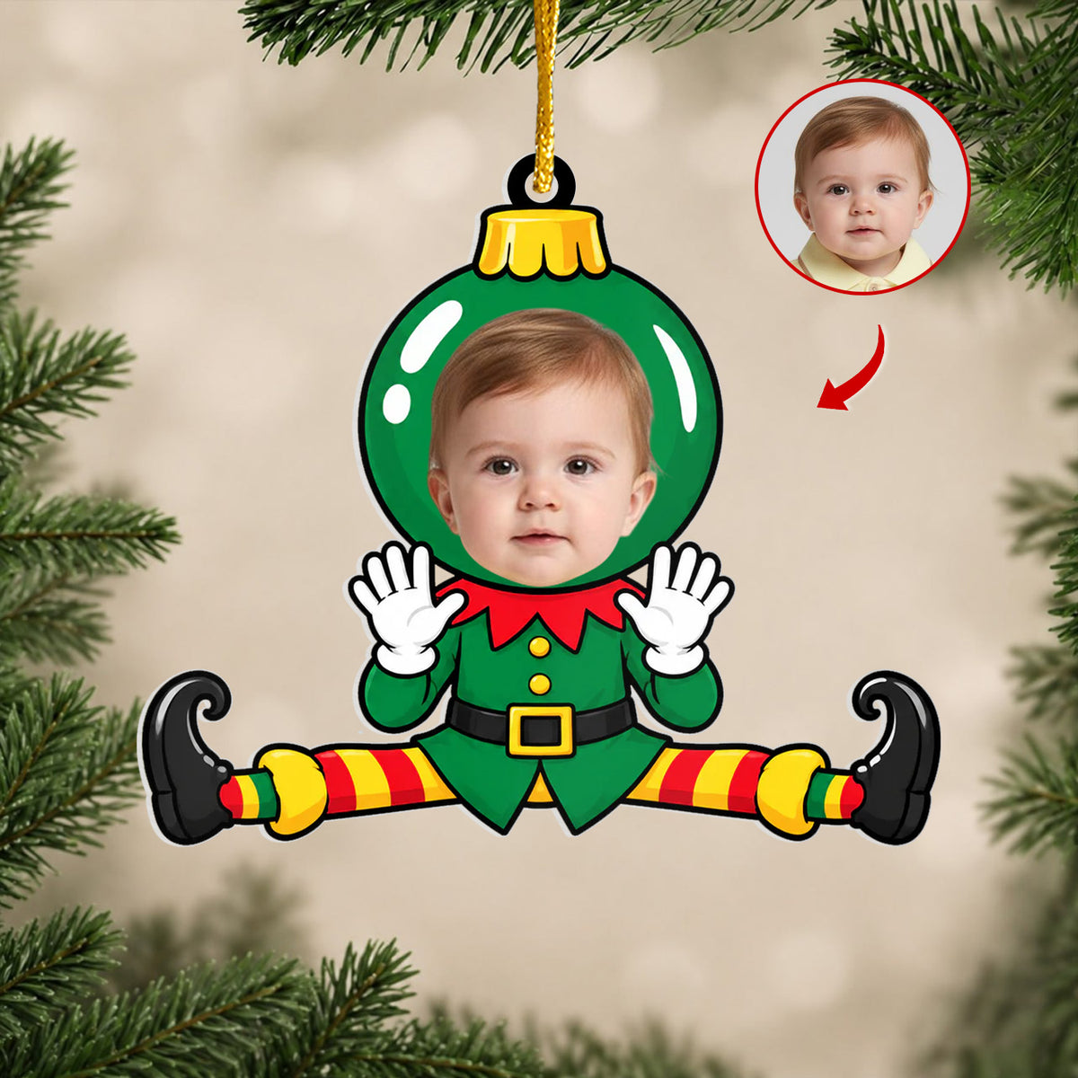 Personalized Acrylic Christmas Photo Ornament showing green elf design with original photo inset and red arrow, pine branches