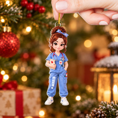 Personalized nurse acrylic ornament with auburn hair and blue bow hanging from a hand, lantern behind