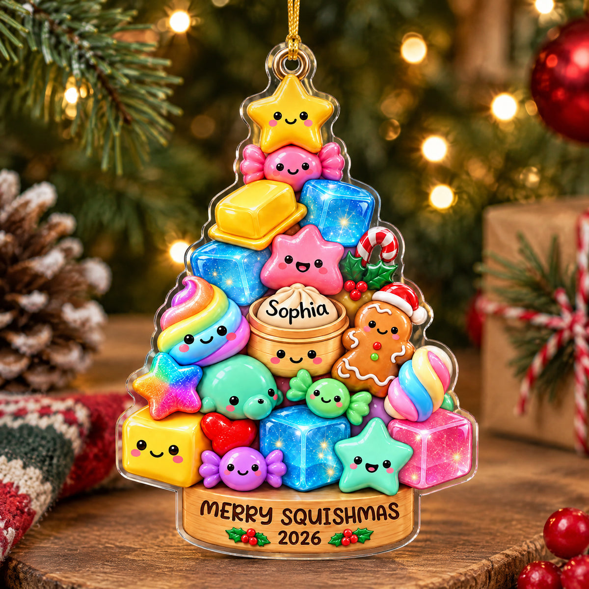 Personalized acrylic Squishmallow ornament with name Sophia on a wooden table beside a pinecone and wrapped gift