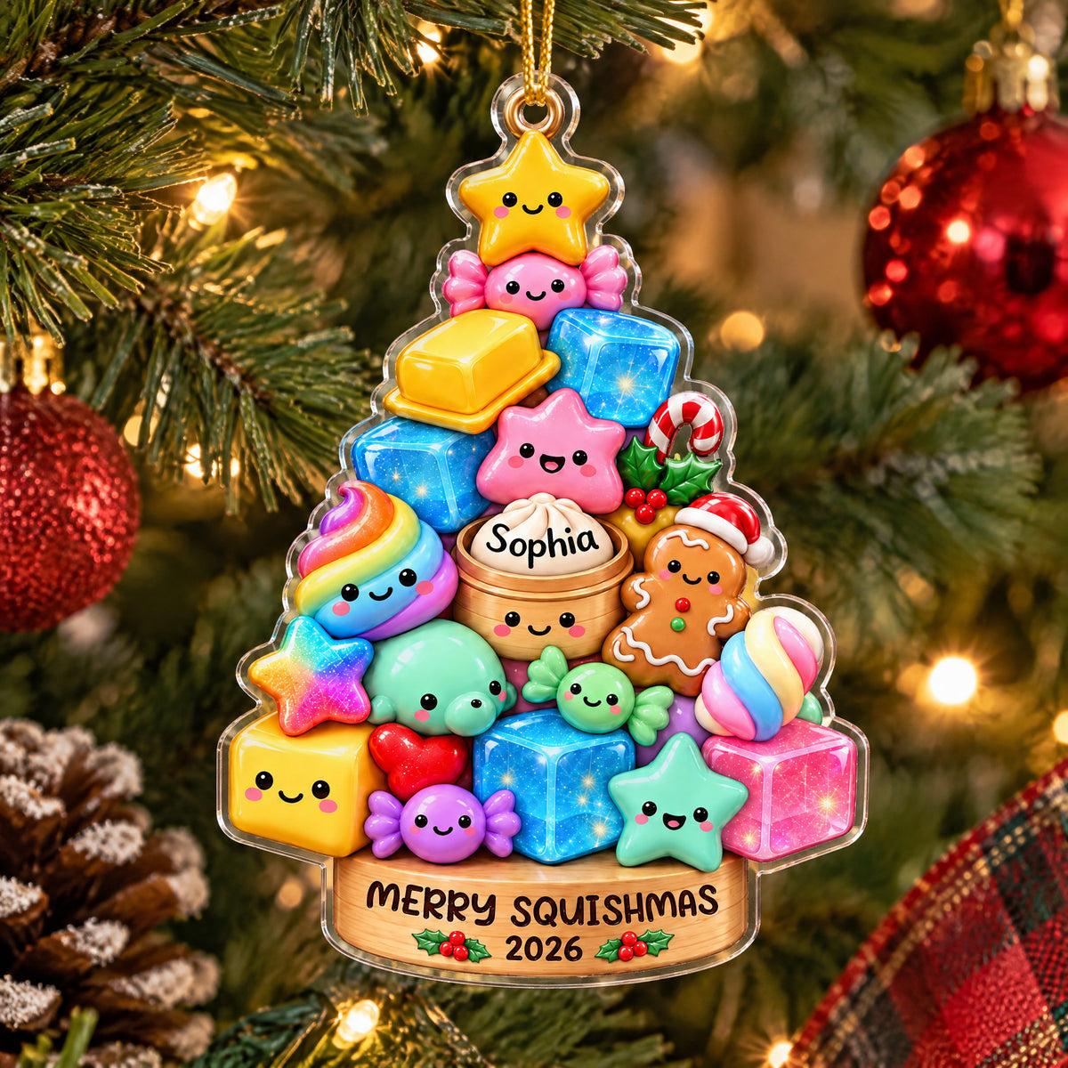 Personalized acrylic Squishmallow ornament hanging on a pine branch near red baubles and a plaid ribbon