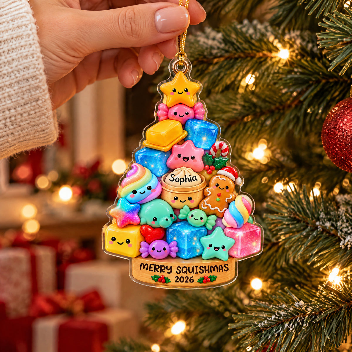 Personalized acrylic Squishmallow ornament held by a hand in front of a lit tree and wrapped presents