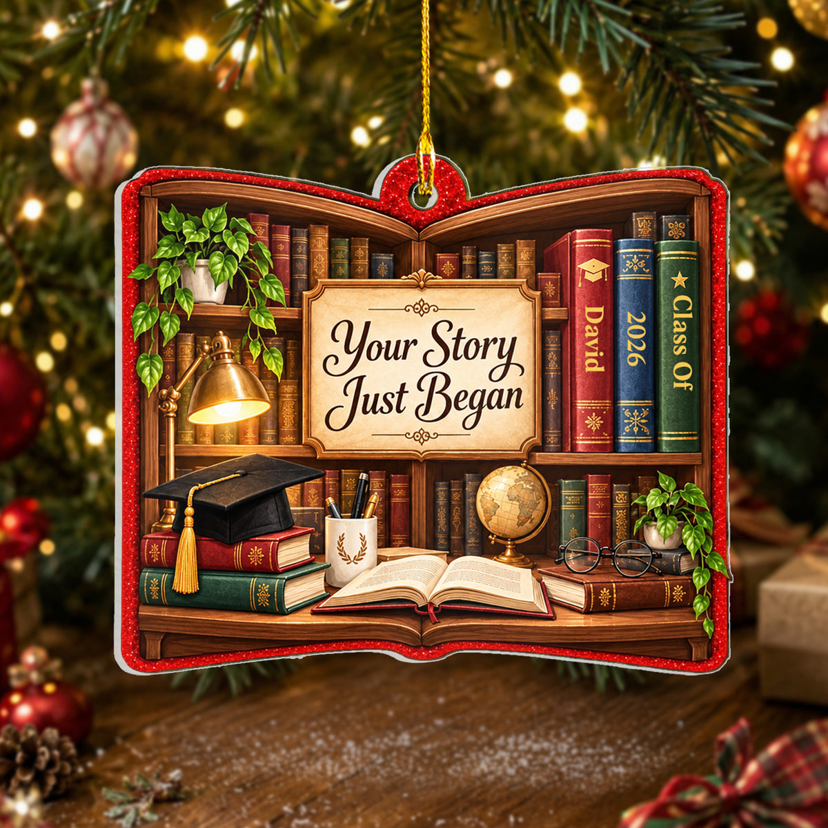Personalized acrylic library shelf ornament hanging by gold cord in front of tree lights and a plaid ribbon