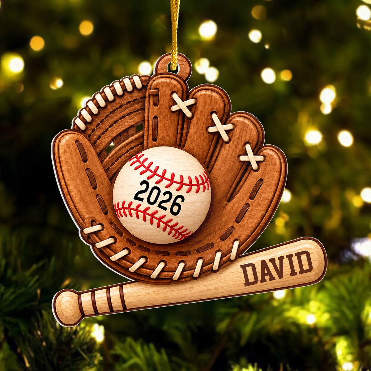 Personalized baseball acrylic ornament with glove, ball reading 2026 and bat named David, hanging before glowing tree lights