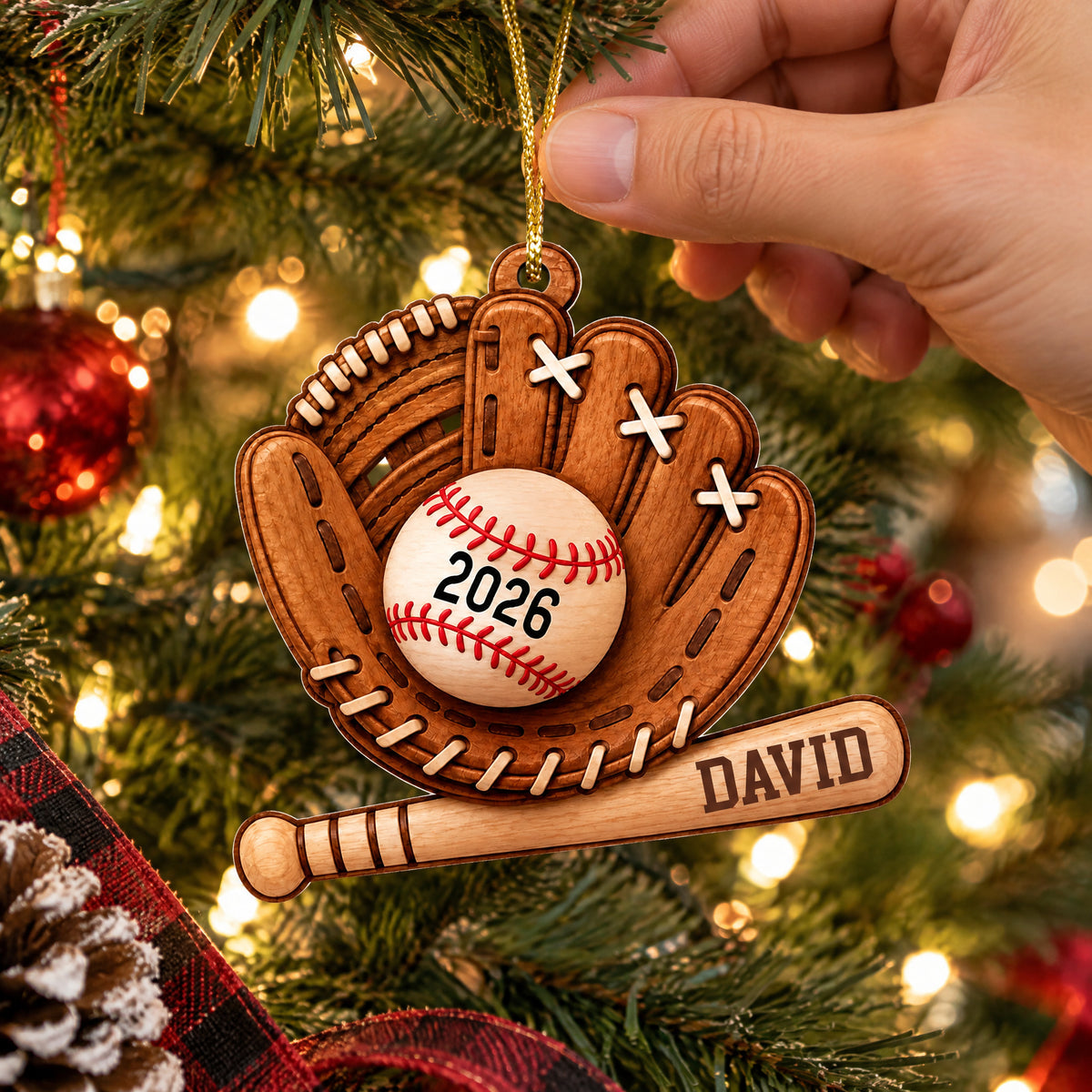 Personalized baseball acrylic ornament held by a hand beside red baubles, plaid ribbon and a pinecone on the tree