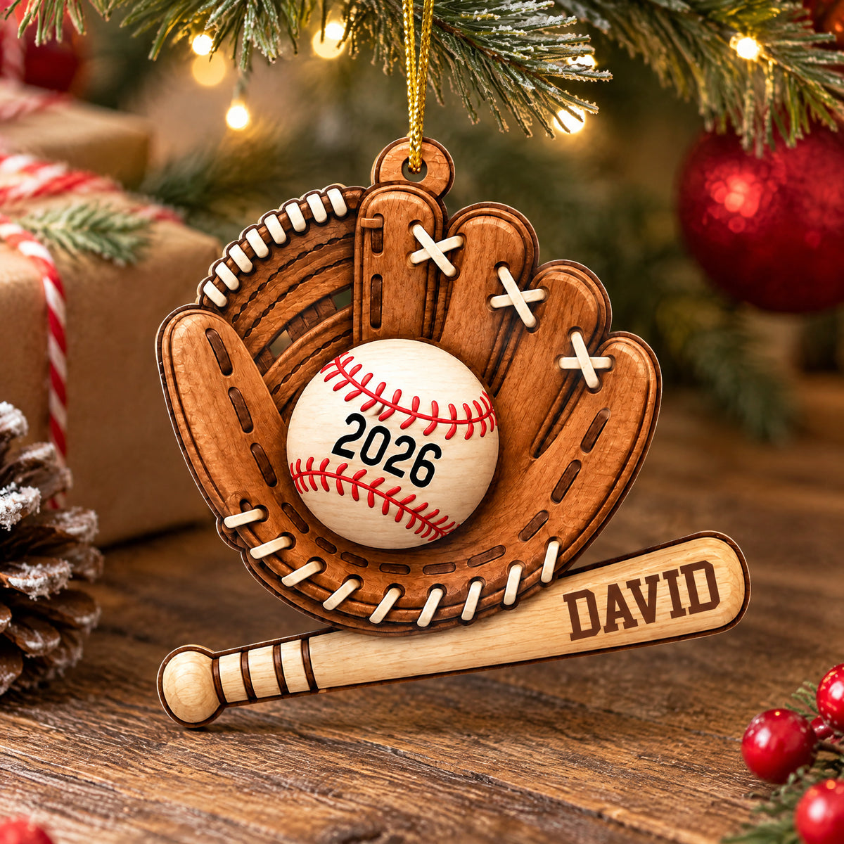 Personalized baseball acrylic ornament standing on a wooden surface near wrapped gifts, a pinecone and red berries