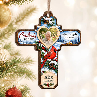Cardinals Appear When Angels Are Near- Personalized Wooden Ornament, Winter Cardinal Cross Memorial Ornament