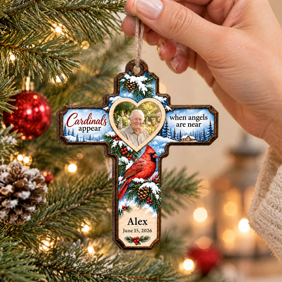 Cardinals Appear When Angels Are Near- Personalized Wooden Ornament, Winter Cardinal Cross Memorial Ornament