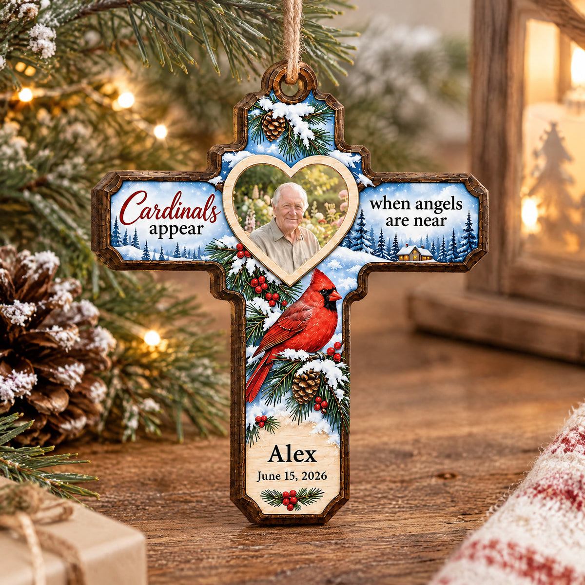 Cardinals Appear When Angels Are Near- Personalized Wooden Ornament, Winter Cardinal Cross Memorial Ornament