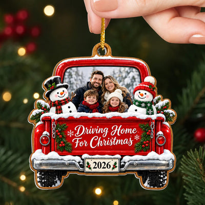 Driving Home For Christmas - Personalized Acrylic Ornament, Vintage Red Truck Photo Ornament