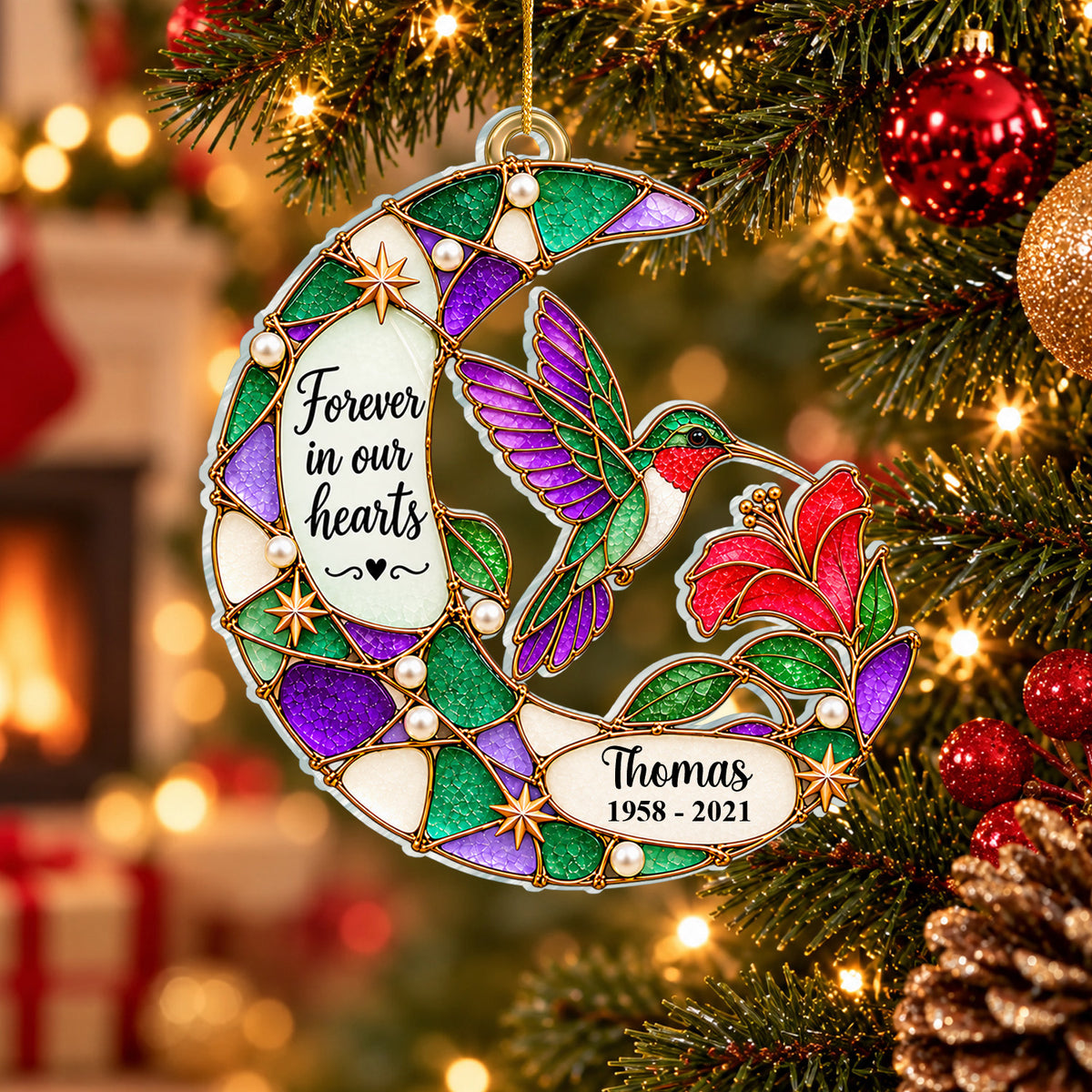 Faux Stained Hummingbird Moon Forever In Our Hearts - Personalized Acrylic Ornament, Memorial Gift For Loss Of Loved One