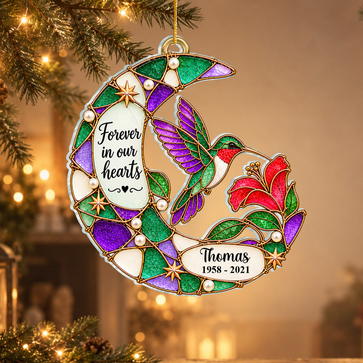 Faux Stained Hummingbird Moon Forever In Our Hearts - Personalized Acrylic Ornament, Memorial Gift For Loss Of Loved One