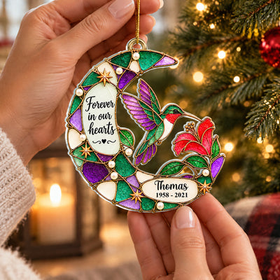 Faux Stained Hummingbird Moon Forever In Our Hearts - Personalized Acrylic Ornament, Memorial Gift For Loss Of Loved One