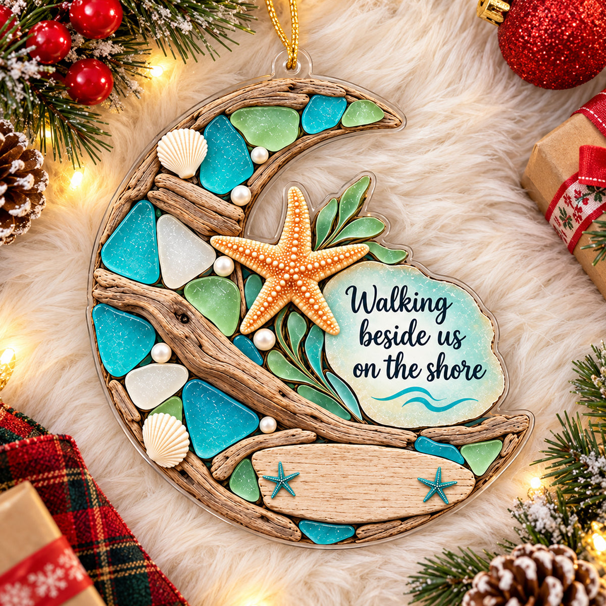 Walking Beside Us On The Shore, Personalized Acrylic Ornament,  Memorial Gift, Faux Sea Glass Starfish Moon Ornament